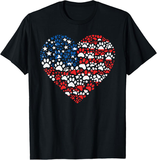 Paw Print American Flag Heart 4th of July Patriotic Dog T-Shirt