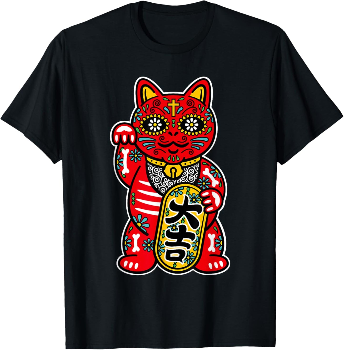 Lucky Cat Sugar Skull Dia De Los Muertos Day of the Dead T-Shirt