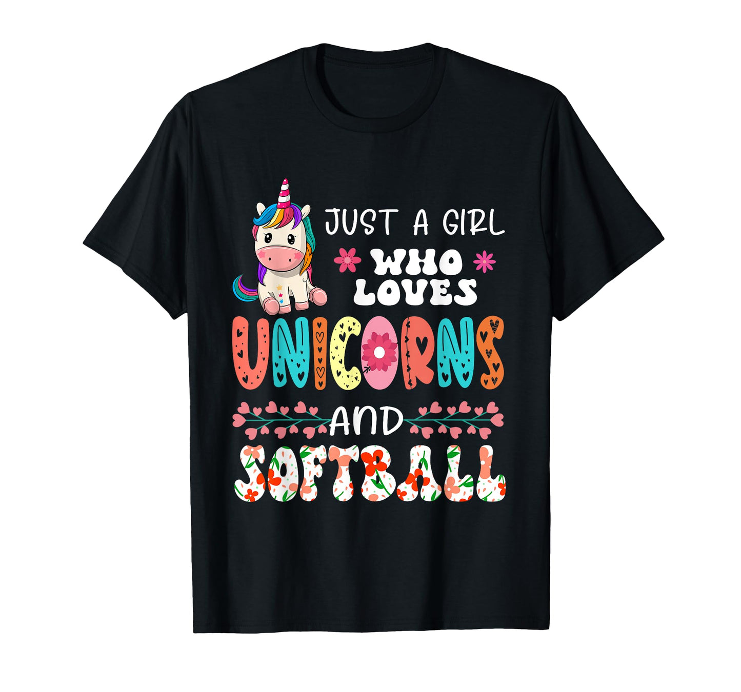 Just A Girl Who Loves Unicorns And Softball Floral Unicorn T-Shirt