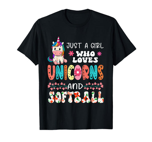 Just A Girl Who Loves Unicorns And Softball Floral Unicorn T-Shirt