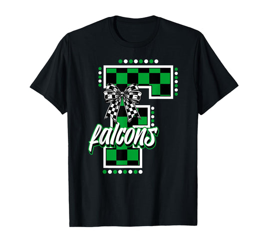 Falcons Checkered Letter School Spirit Mascot Green Game Day T-Shirt