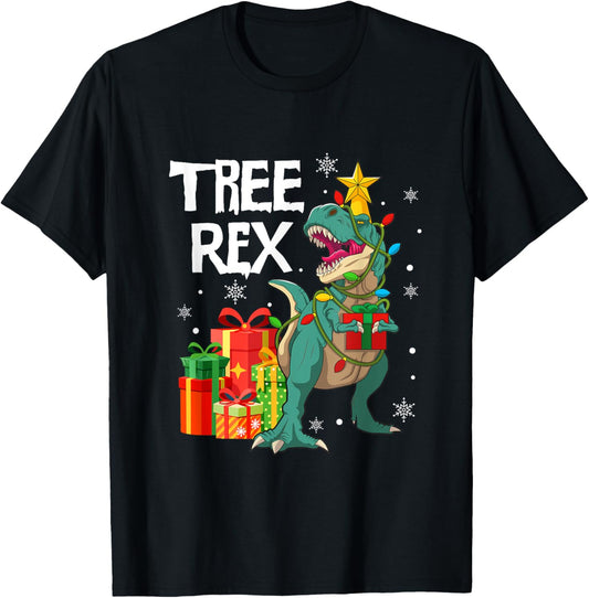 Dinosaur Christmas Tree Pajama Rex Reptile Men Xmas Lights T-Shirt