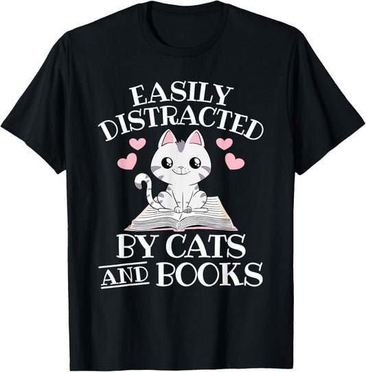 Easily Distracted By Cats And Books Funny Cat Book Lover T-Shirt
