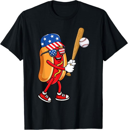 Hotdog Playing Baseball USA Independence Day 4th Of July T-Shirt