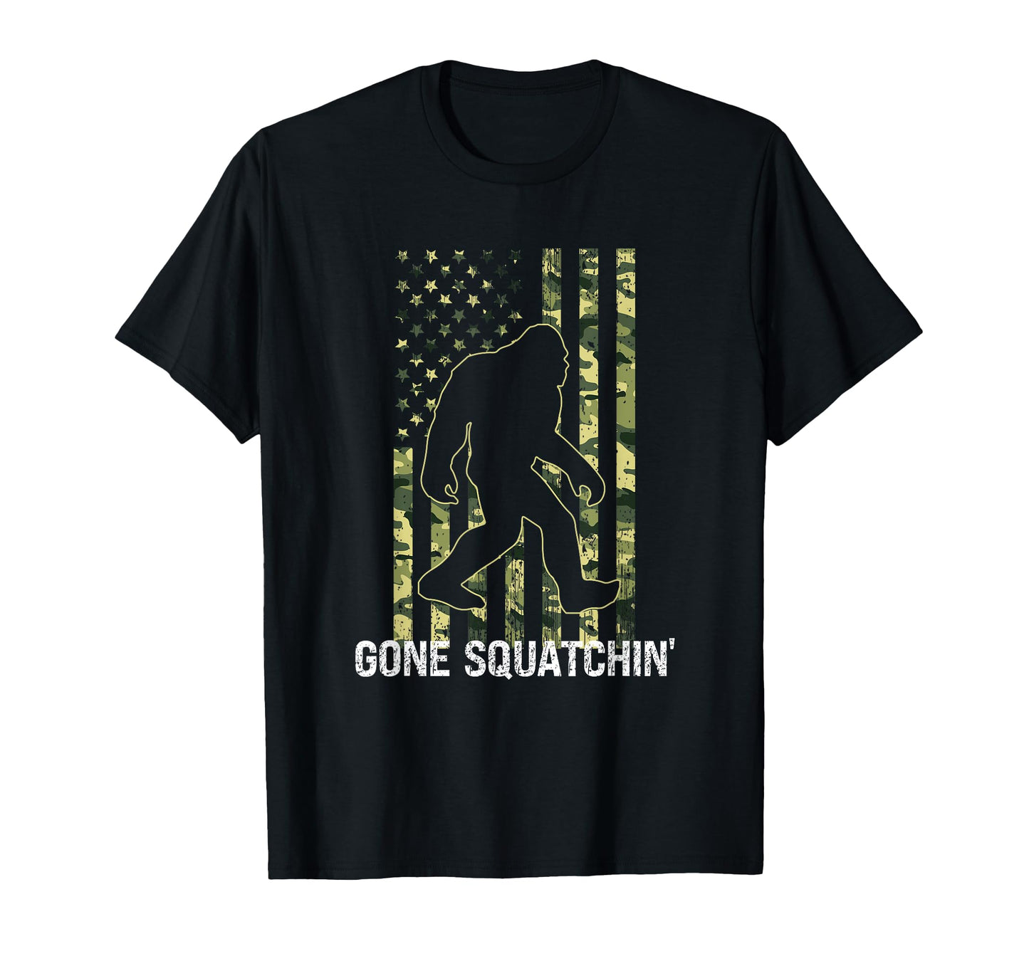 Gone Squatchin' Funny Bigfoot American Flag Camo Sasquatch T-Shirt for Women Kids Men