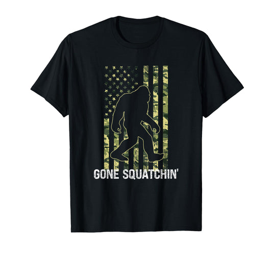 Gone Squatchin' Funny Bigfoot American Flag Camo Sasquatch T-Shirt for Women Kids Men