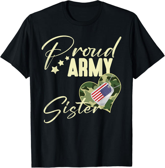 Proud Army SISTER Camouflage Dog Tag USA American Flag T-Shirt