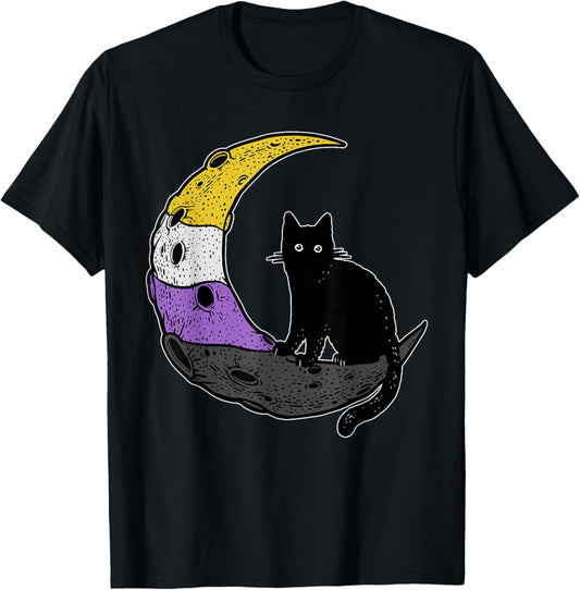 Nonbinary Moon Space Cat LGBT Pride with NB Non-Binary Flag T-Shirt