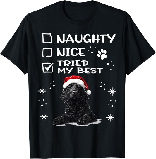 Cute Curly-Coated Retriever Dog Christmas Naughty Nice Tried T-Shirt
