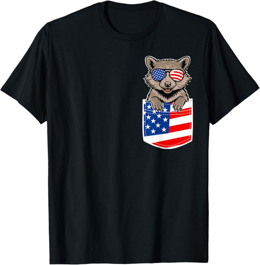 Patriotic Racoon 4th Of July In Pocket America USA Flag T-Shirt