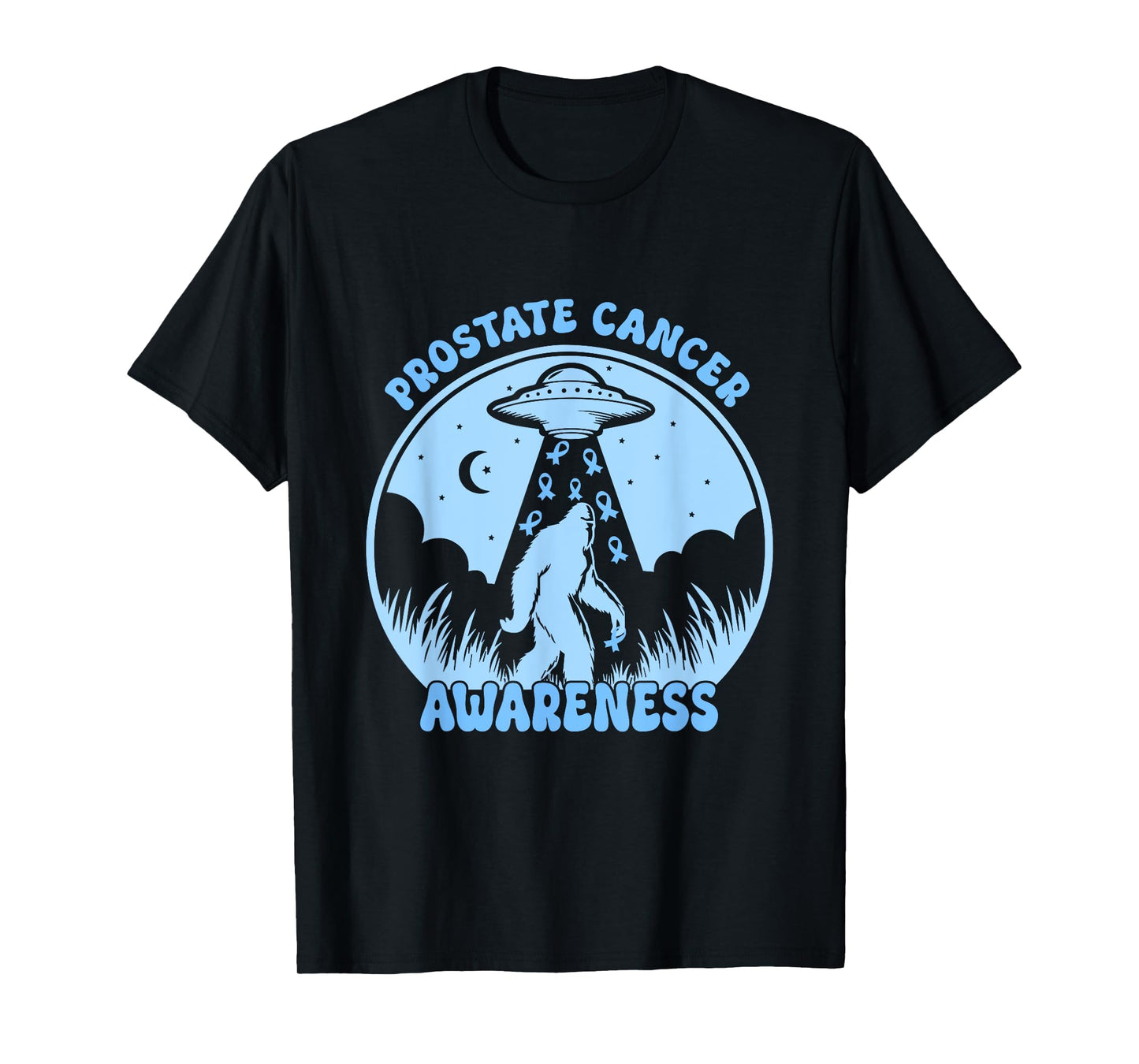 Prostate Cancer Awareness Funny Bigfoot UFO Blue Ribbon T-Shirt