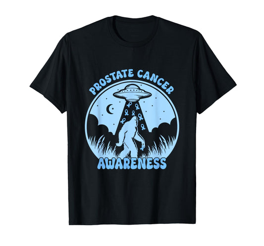 Prostate Cancer Awareness Funny Bigfoot UFO Blue Ribbon T-Shirt