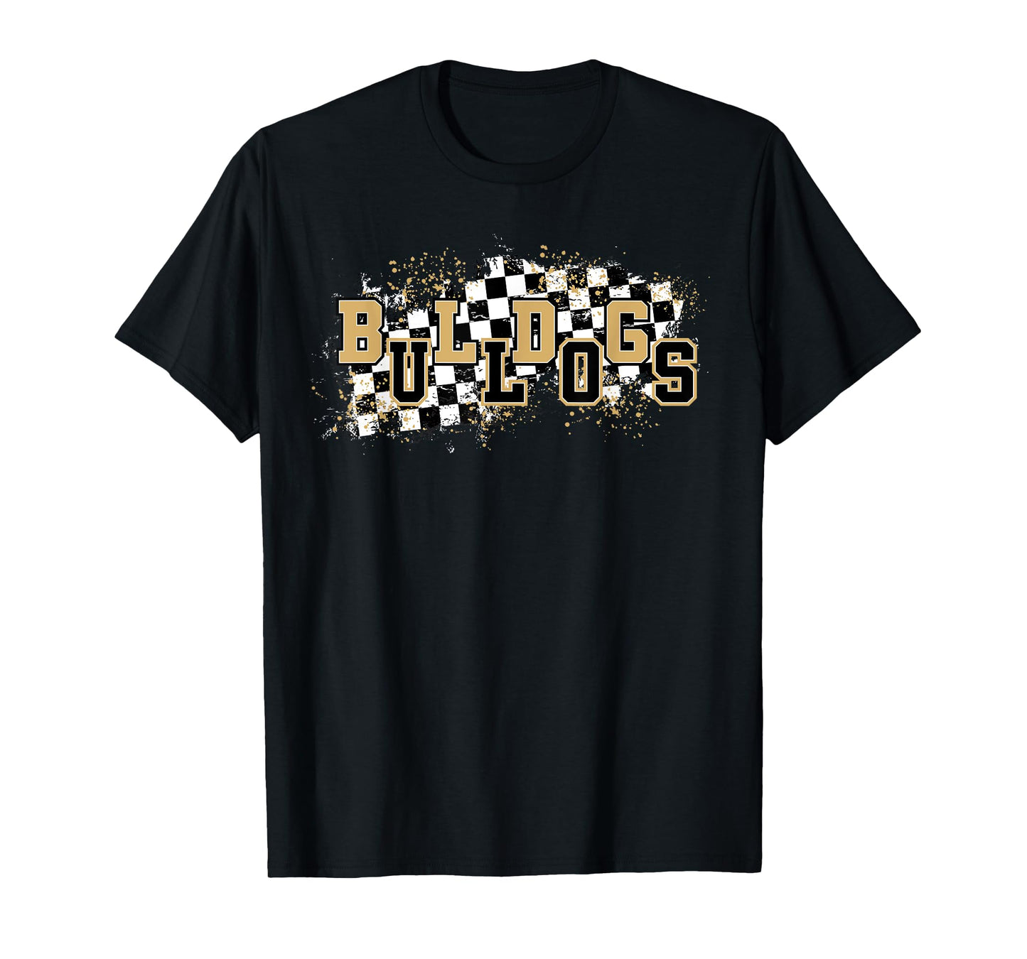 Bulldogs Checkered Print School Spirit Game Day Bulldog Gold T-Shirt