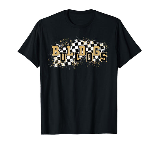 Bulldogs Checkered Print School Spirit Game Day Bulldog Gold T-Shirt