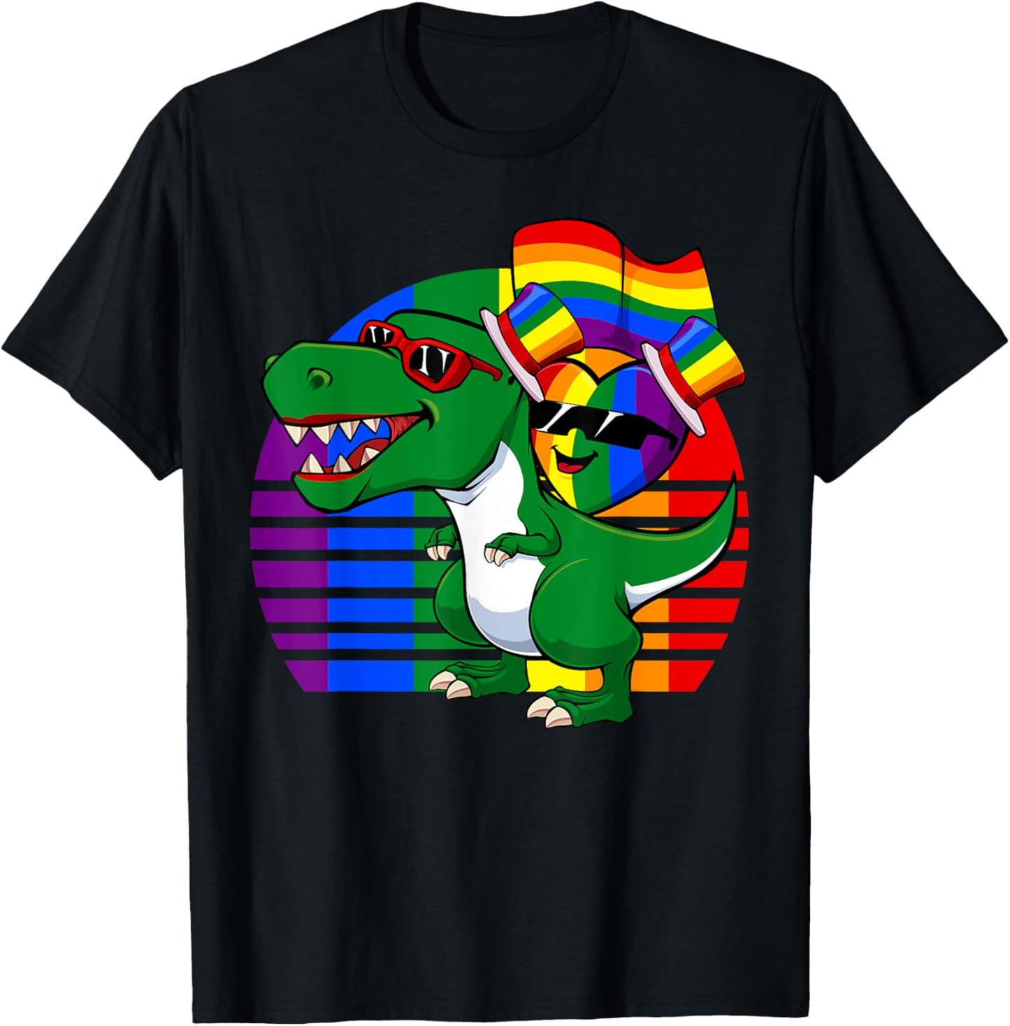 Rainbow Heart Riding Flag LGBT-Q Retro T-Rex Gay Pride Ally T-Shirt