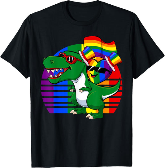 Rainbow Heart Riding Flag LGBT-Q Retro T-Rex Gay Pride Ally T-Shirt