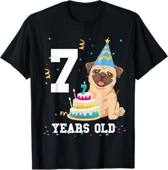 7 Years Old Birthday Pug Dog Lover Party Kids Boys Girls T-Shirt
