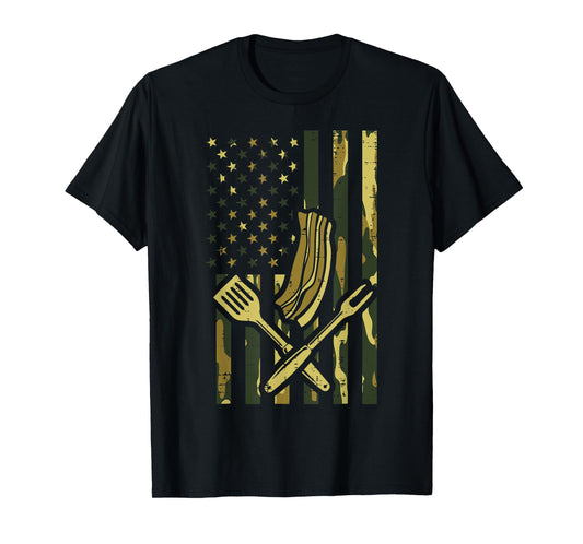 Camo US Flag Bbq Meat Grill Barbecue Patriot Men Women Kids T-Shirt