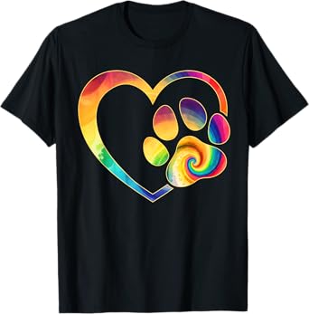 Cute Tie Dye Dog Paw Love Heart Print Colorful Pet Dog Lover T-Shirt