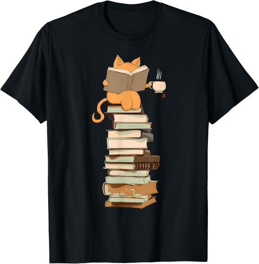 Kawaii Cat Lover Coffee Books Teacher Librarian Cat T-Shirt