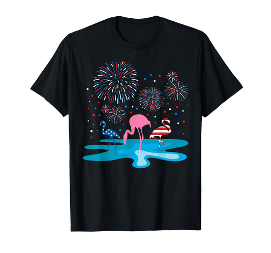 Flamingo 4th of July Fireworks Patriotic American USA Flag T-Shirt