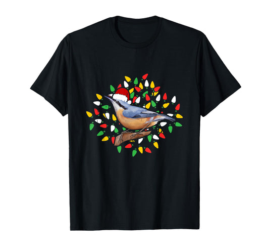 Holiday Xmas Lighting Santa Hat Red Breasted Nuthatch Bird T-Shirt