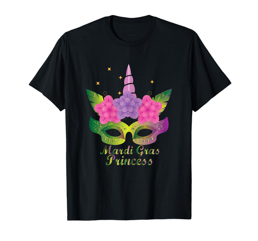 Mardi Gras Princess T Shirt With Flower Unicorn Mask T Shirt T-Shirt