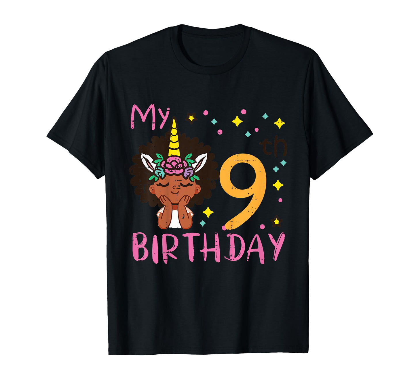 9th Birthday Afro Black Girl Unicorn 9 Year Old Bday Girls T-Shirt