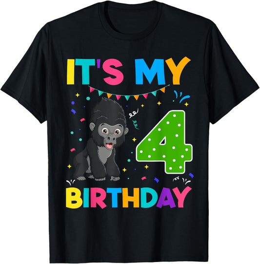 Kids 4th Birthday Gorilla 4 years old Boy Girl Zoo Jungle T-Shirt
