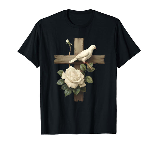 Aesthetic Christian Cross With Roses And Dove Of Peace T-Shirt