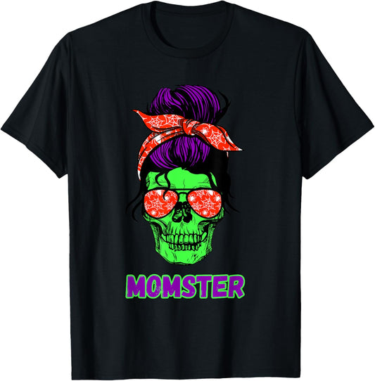 Momster Funny Skull Mama Messy Bun Mom Halloween Costume T-Shirt