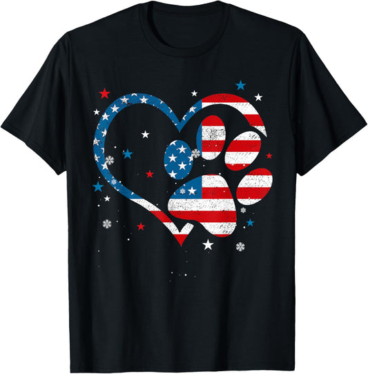 American Flag Patriotic Dog & Cat Paw Print - 4th Of July T-Shirt