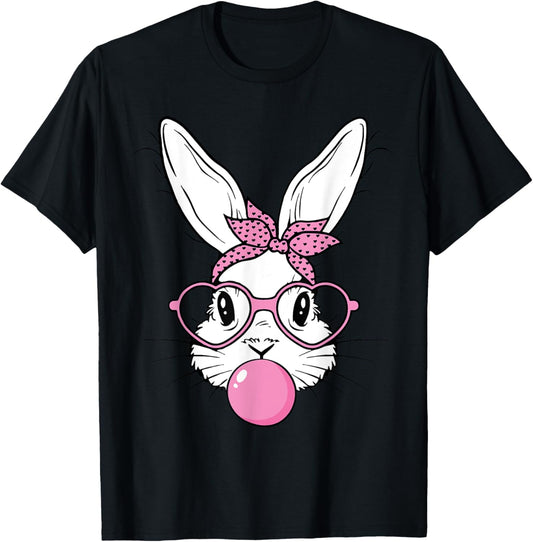 Cute Bunny Rabbit Face With Bandana Heart Glasses Easter Day T-Shirt