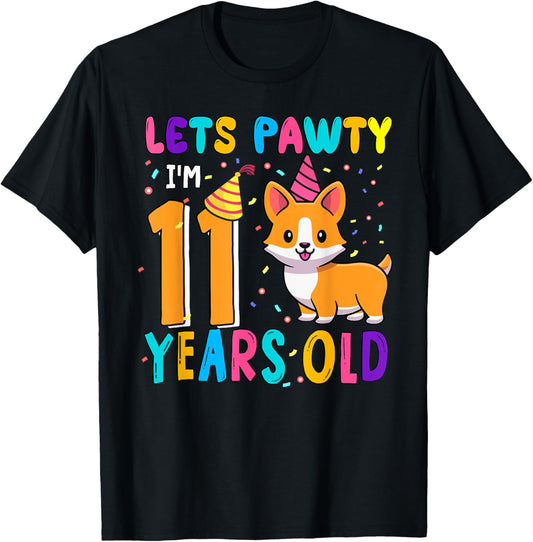 Cute Lets Pawty 11 Years Old Birthday Corgi Dog Owners Kids T-Shirt