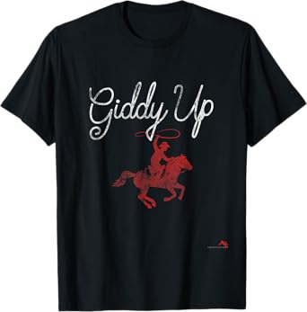 Rodeo Round Up Apparel Giddy Up T-Shirt - Unisex-Adults, Black, Small, Short Sleeve, Vintage, Cowgirl, Vacation