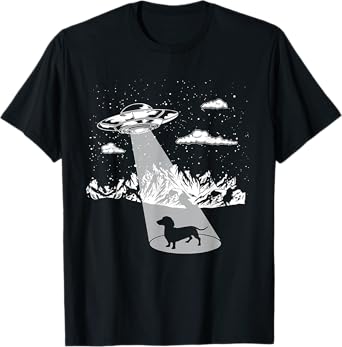 Funny Dachshund Ufo Designs Alien Abduction Dachshund T-Shirt for Dachshund Lovers, Unisex, Black, Short Sleeve, Small