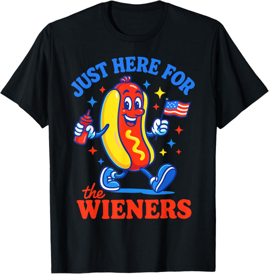 Retro Just Here For The Wieners 4th of July Funny Hot Dog T-Shirt