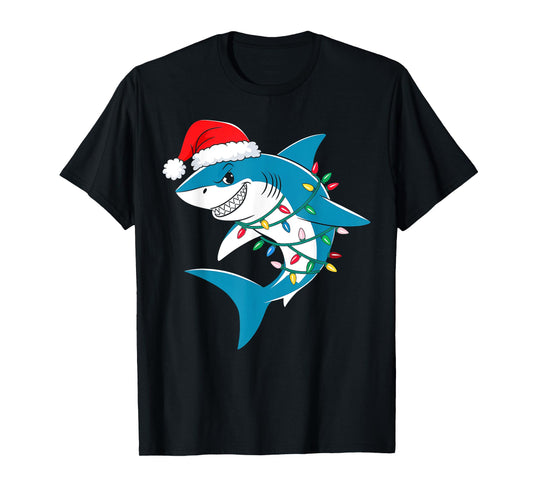 Shark Christmas Lights Santa Hat Xmas Pajama Boys Girls Kids T-Shirt
