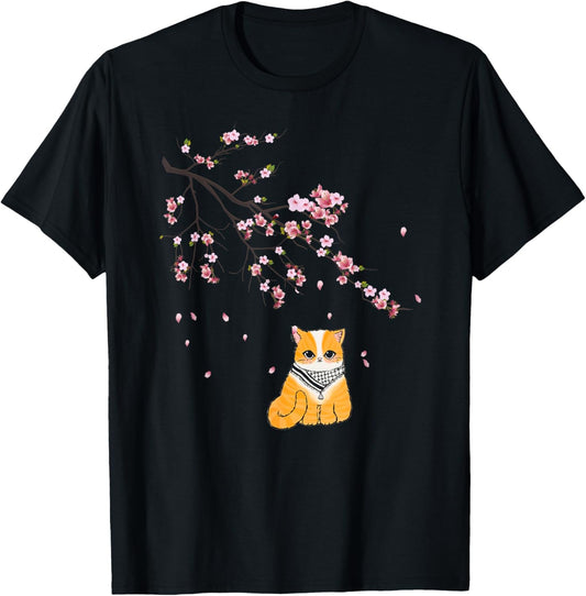 Free Palestine Cute Cat Cherry Blossom Sakura Flower T-Shirt