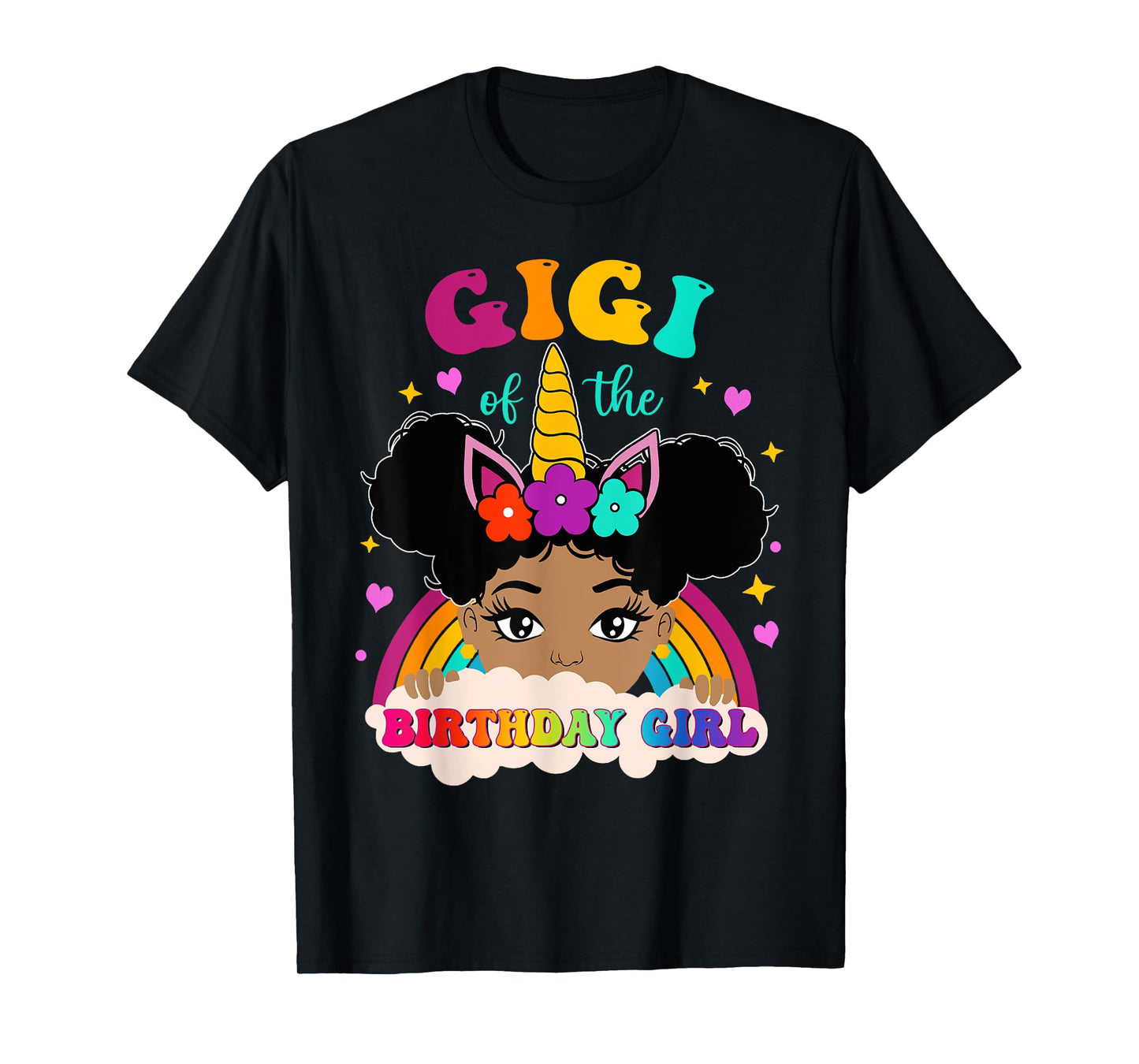 Gigi of The Birthday Girl Rainbow Afro Melanin Unicorn T-Shirt