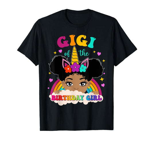 Gigi of The Birthday Girl Rainbow Afro Melanin Unicorn T-Shirt