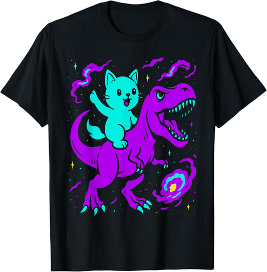 Cat Riding Dinosaur T-Rex Kitten Lover Space Galaxy Funny T-Shirt