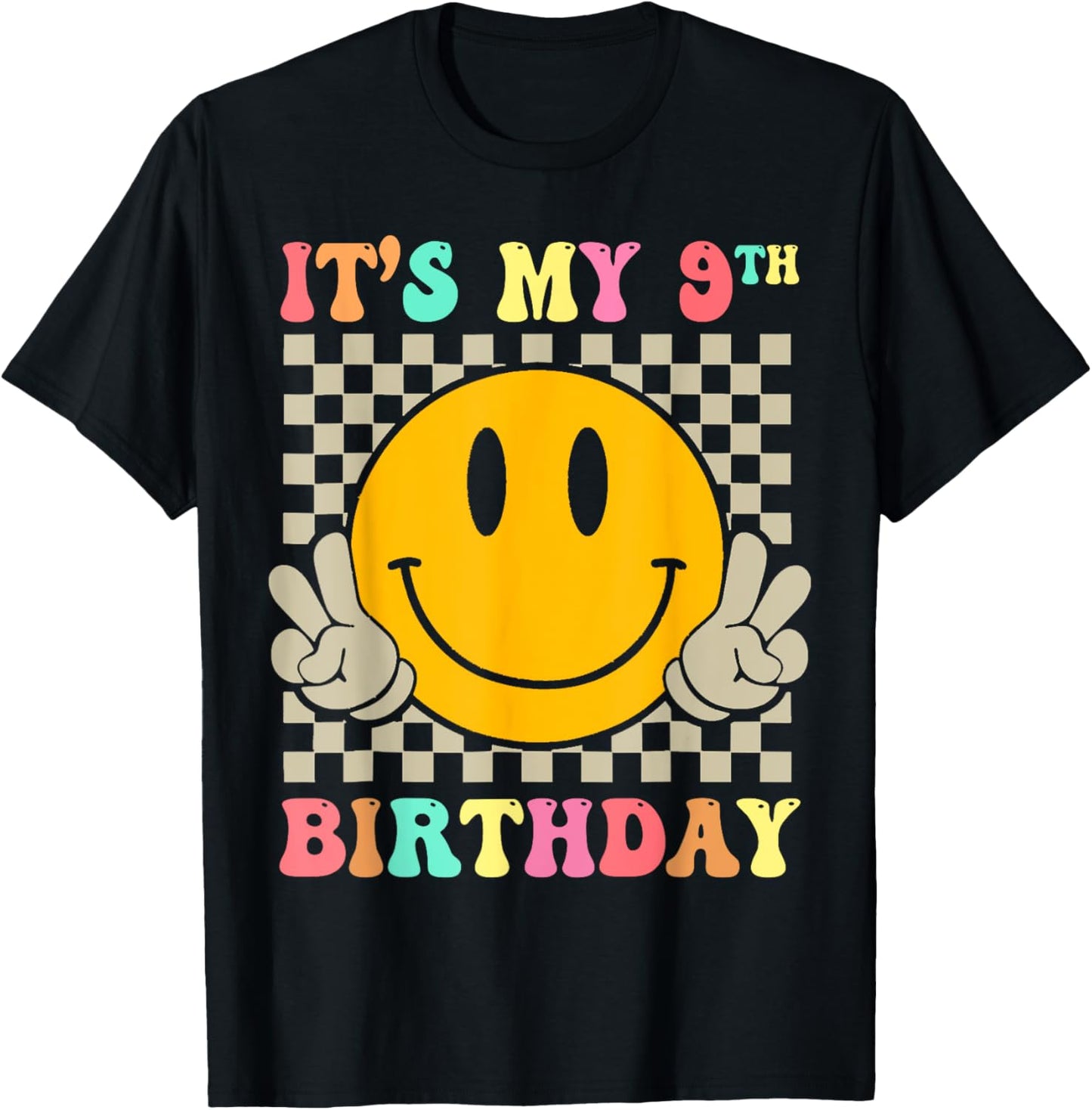 Groovy Smile Face It's My 9th Birthday Happy 9 Year T-Shirt