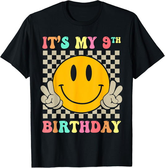 Groovy Smile Face It's My 9th Birthday Happy 9 Year T-Shirt