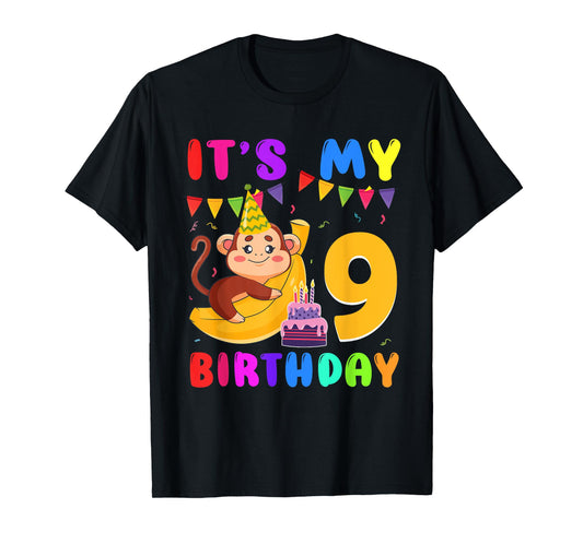 It's My 9th Birthday Monkey 9 Year Old Party Boys Girls Kids T-Shirt