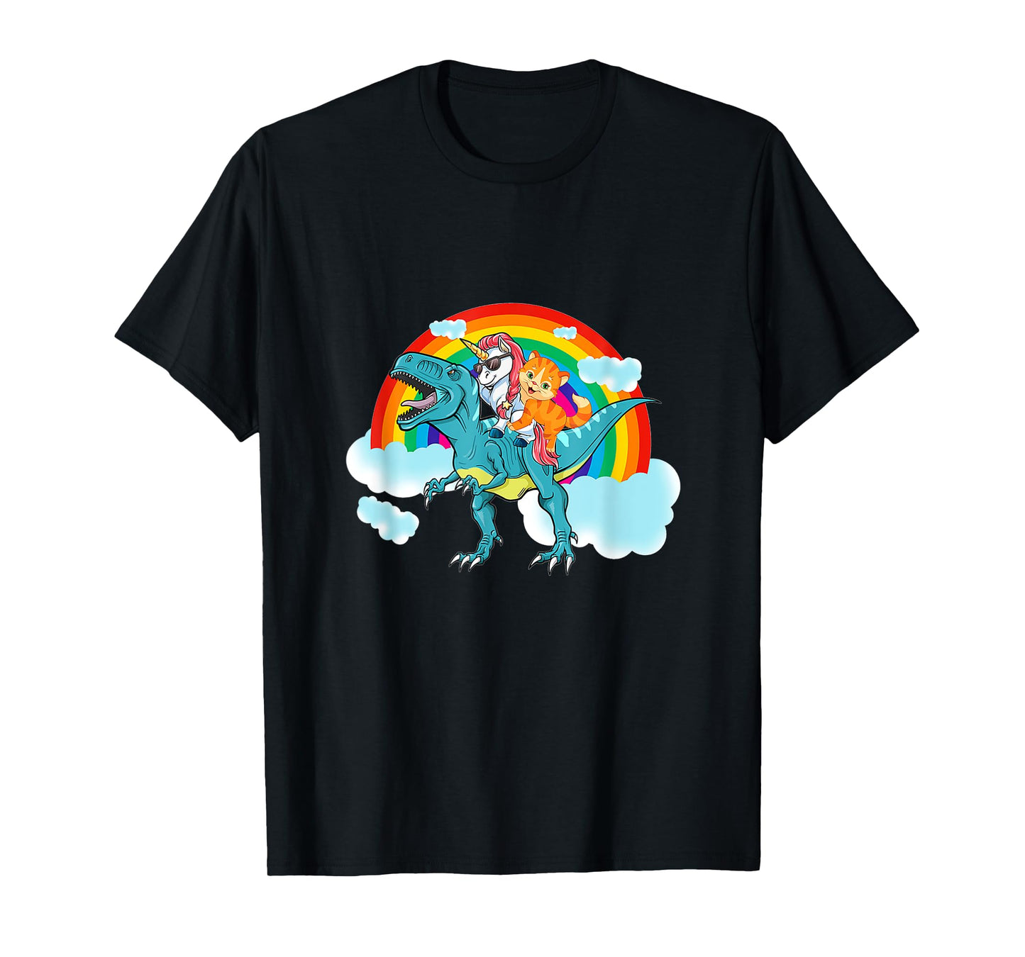 Unicorn Riding Dinosaur Rex Cat Kitten Boys Girls Kids T-Shirt