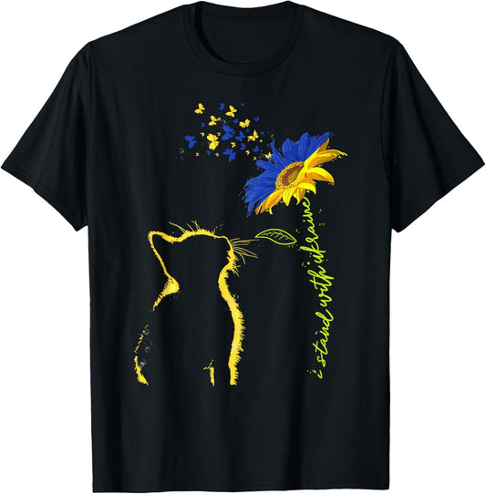 Cat Sunflower Butterfly Ukrainian Flag I Stand With Ukraine T-Shirt