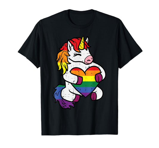 Gay Pride Unicorn Heart Rainbow Flag Lgbt Women Girls Kids T-Shirt