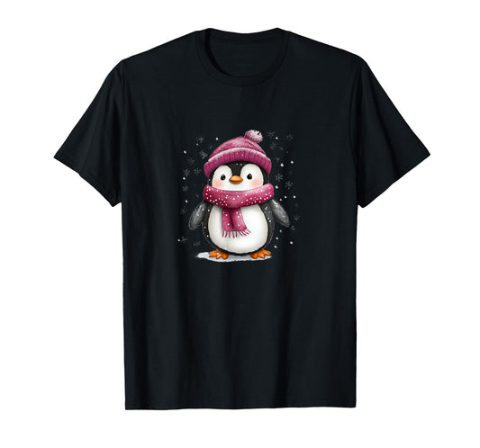 Cute Penguin With Hat And Scarf Winter Snow T-Shirt