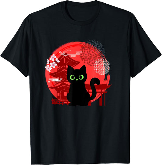 Japanese Cat Silhouette Flower Kitten Anime Lover Cat T-Shirt